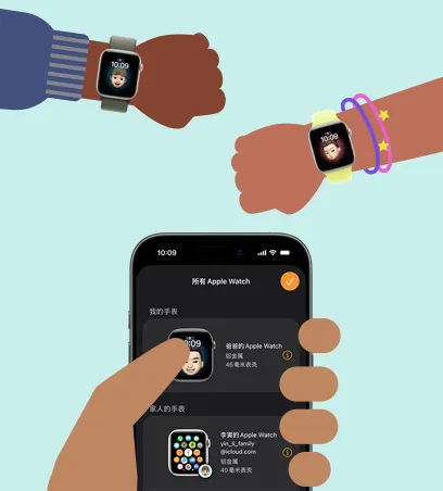 Apple Watch 亲子设置，卡通插画展示孩子手腕佩戴的 Apple Watch SE 3 已与家长手中的 iPhone 配对。