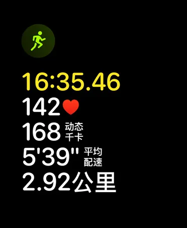 跑步体能训练界面，展示跑步图标以及时长、心率、动态千卡、平均配速、距离等指标。