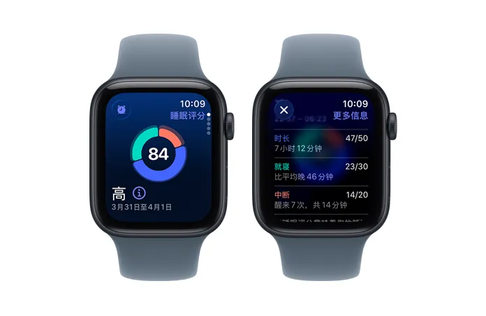 Apple Watch SE 3，展示睡眠评分圆形图表及分数，以及包括时长、就寝和中断在内的睡眠阶段分析数据。