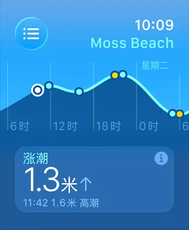 潮汐 app，显示各项指标，包括高潮、低潮、潮涨、落潮，以及估算时间和潮汐点的折线图。