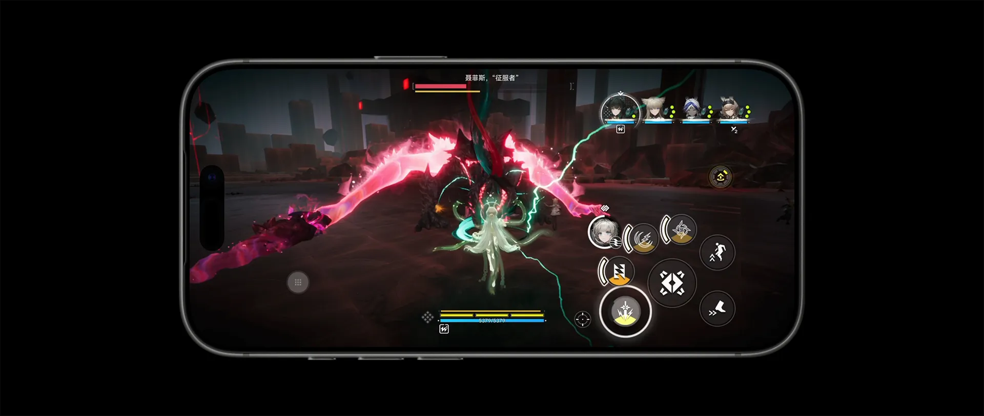 iPhone 17 Pro 正面外观，屏幕显示游戏《明日方舟：终末地》的画面，体现 A19 Pro 芯片的强悍性能表现。