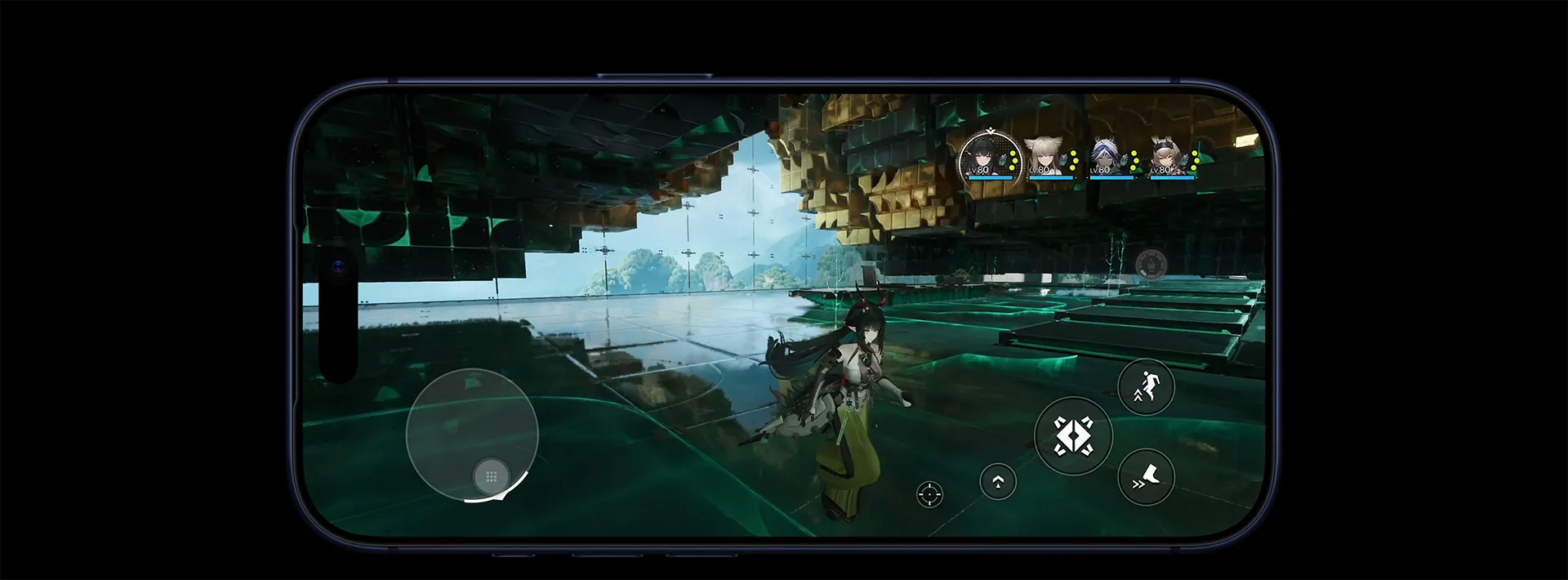 iPhone 17 Pro 正面外观，屏幕显示游戏《明日方舟：终末地》的画面，体现 A19 Pro 芯片开启光线追踪后强大的图形性能表现。