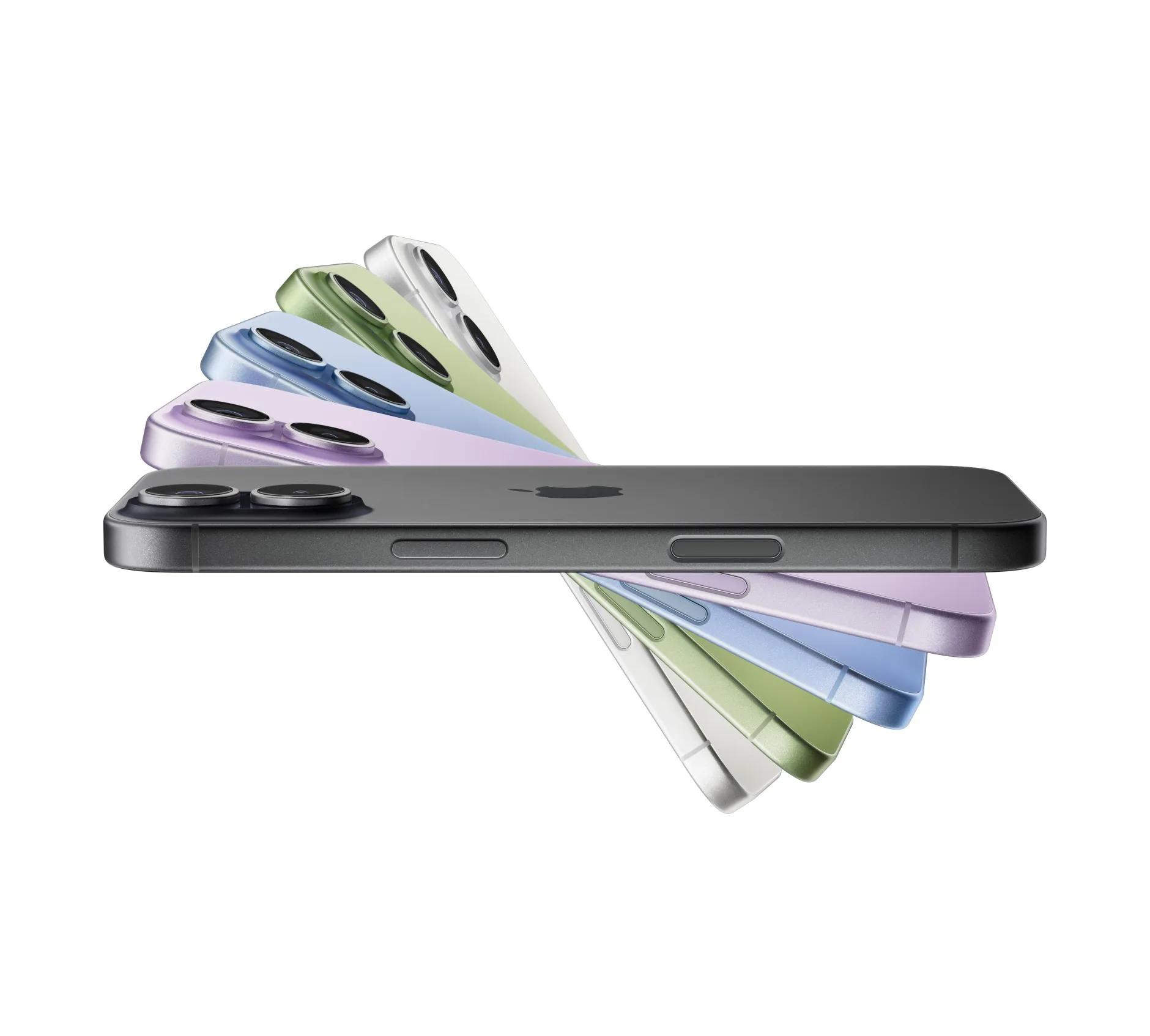 多部 iPhone 17 设备排列成展开的扇形，外观颜色分别为：黑色、薰衣草紫色、青雾蓝色、鼠尾草绿色、白色。