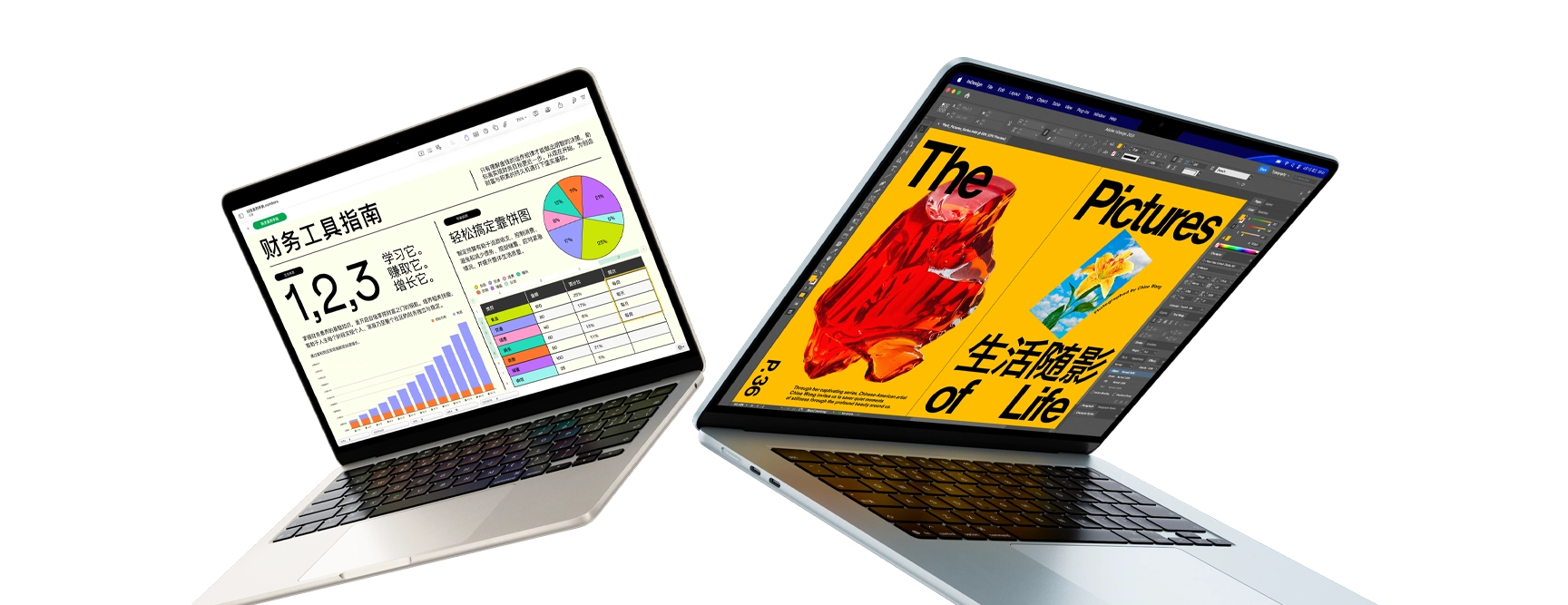13 英寸和 15 英寸 MacBook Air 笔记本电脑，一台屏幕显示 Numbers 表格中的工作内容，另一台屏幕展示设计作品。