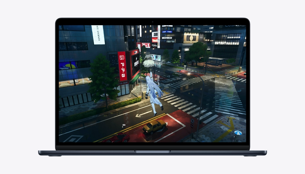 MacBook Air 显示游戏画面，以此展示 M5 芯片的强大性能。