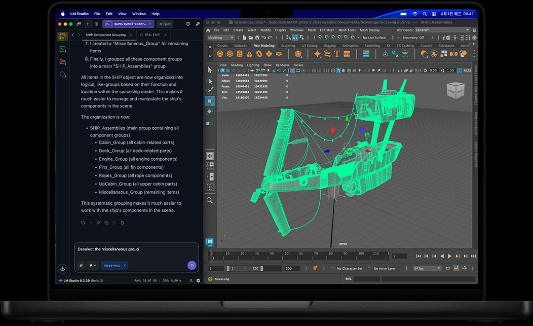 MacBook Pro 屏幕展示 LM Studio 和 Autodesk Maya。
